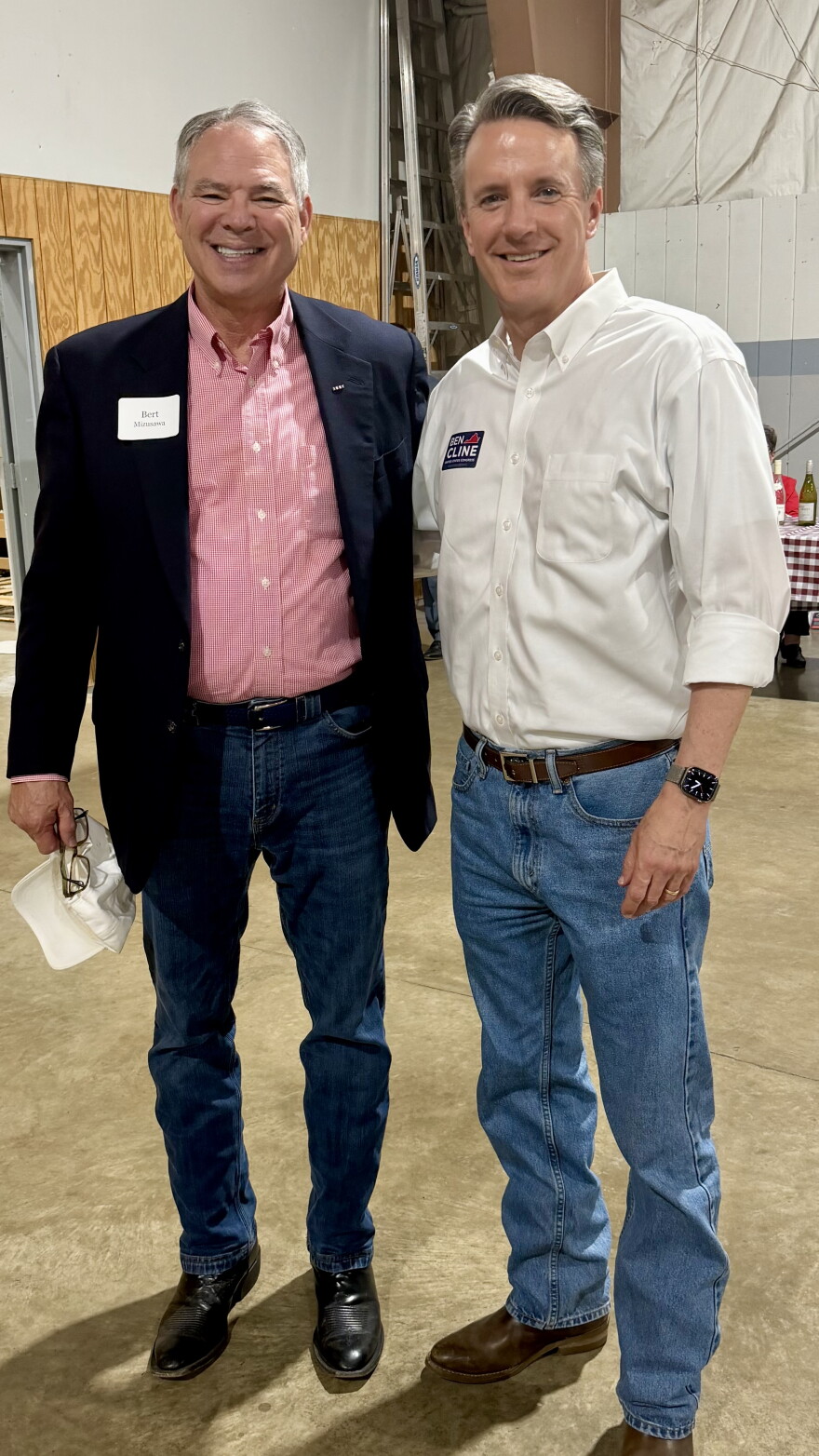 Rep. Ben Cline, right, with Senate candidate Bert Mizusawa pose together at the fundraiser.
