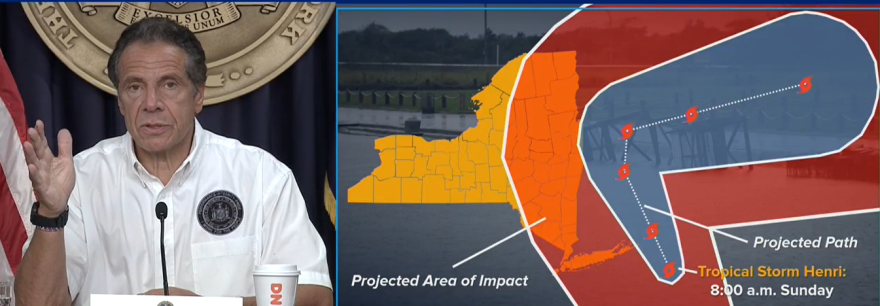 New York Governor Andrew Cuomo gives an update on Tropical Storm Henri on Sunday morning. He says the path of the storm has shifted. The Catskills and the capital region should expect several inches of rain that can cause flooding.