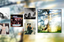 A display with artwork for six music releases in six black frames. One is much larger than the others and has a hazy image of a tree in it. That square fills up the right part of the image, and the background of the full image is a blurry version of the same image. In the five smaller squares are a close up black and white of a woman, a black and white of three woman posing seated, a painting of an angel or doll, and a man holding a fishing rod with a cigarette. 