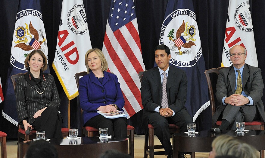 Anne-Marie Slaughter (left) former director of policy planning, sits with Secretary of State Hillary Clinton and fellow State Department employees, USAID Administrator Rajiv Shah and USAID Deputy Administrator Donald Steinberg, far right, in 2010.