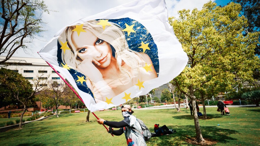 A #FreeBritney activist protests against keeping her in a conservatorship earlier this year in Los Angeles.