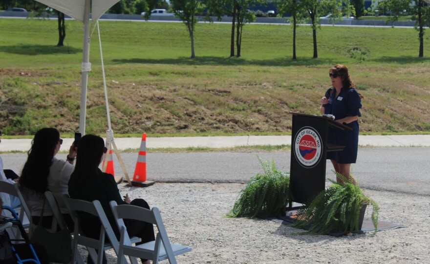 Show-Me Christian County President/CEO Kristen Haseltine speaks at the ribbon cutting for the Chadwick Flyer Bridge over Highway 65 in Ozark, Mo. on May 14, 2026.