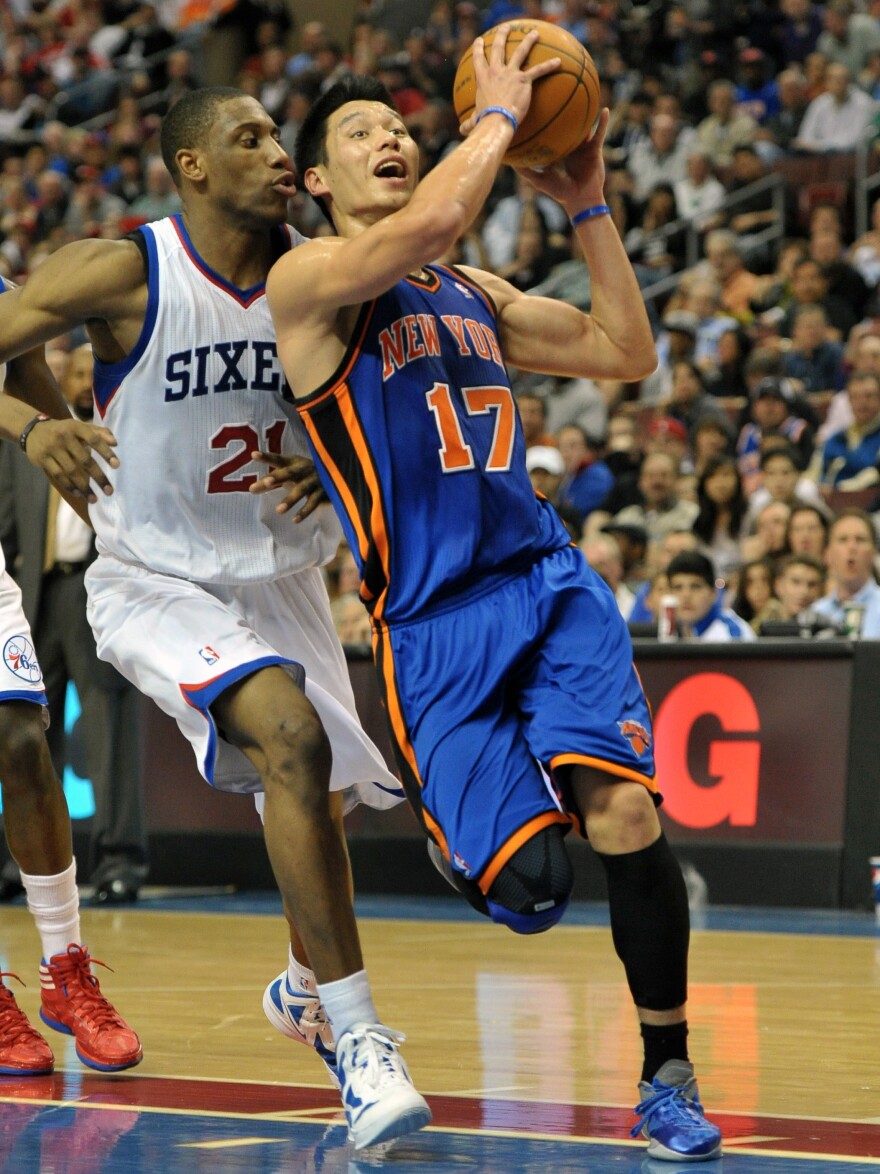 Jeremy Lin drives to the basket during a March 2012 game against the Philadelphia 76ers.