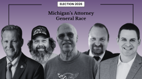 An “Election 2026” graphic headlined “Michigan’s Attorney General Race” on a purple gradient background. Five black-and-white candidate photos are arranged in a row: from left, an older man in a suit and tie; a man with long hair and a beard wearing a trucker hat that reads “Tread on Them”; an older man with glasses and a casual t-shirt; a man in a suit with a beard; and a younger clean-cut man in a blazer.