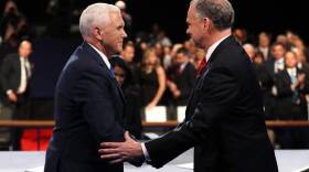 Republican vice-presidential nominee Mike Pence (left) and Democratic vice-presidential nominee Tim Kaine shake hands on stage following the Vice-Presidential Debate at Longwood University on Oct. 4, 2016 in Farmville, Va. (Joe Raedle/Getty Images)