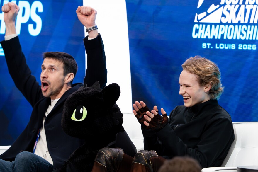Ilia Malinin and his coach celebrate a nearly 30-point lead to win the men’s short program competition during the 2026 U.S. Figure Skating Championships at the Enterprise Center on Thursday, Jan. 8, 2026, in St. Louis’ Downtown West neighborhood.