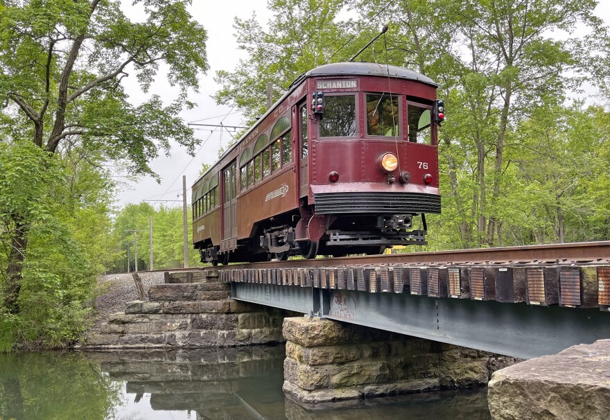 Philadelphia Suburban Transportation trolley car 76, which was built in 1926, crosses a trestle in Scranton's East Mountain section during a 2024 excursion for the Electric City Trolley Museum. The museum, which is headquartered in downtown Scranton, is now part of the Museums for All program, expanding access for everyone.