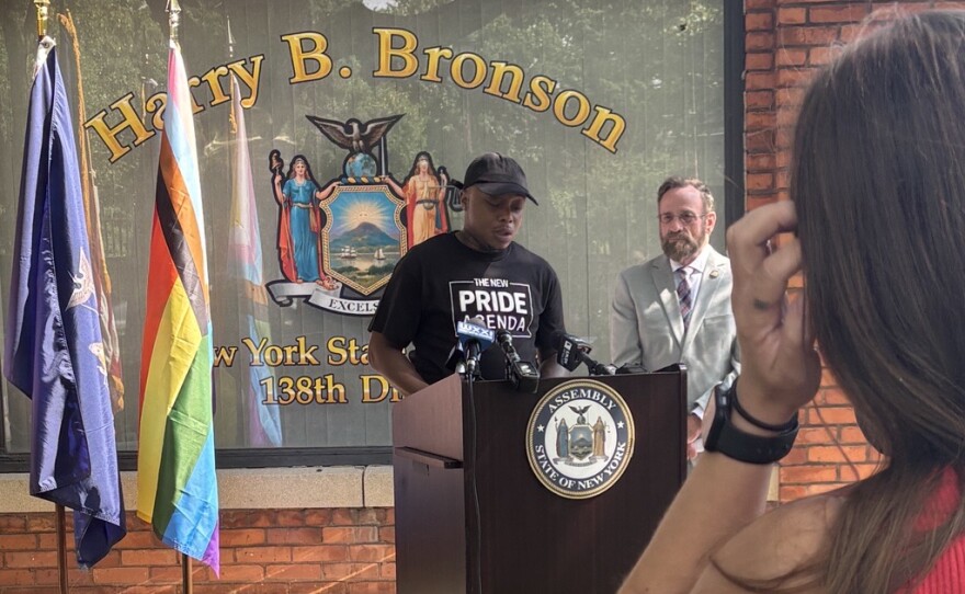 Brittan Hardges, president/founder of Next Generation Men of Transition and director of advocacy and community engagement for New Pride Agenda, speaks at a press conference on Monday.