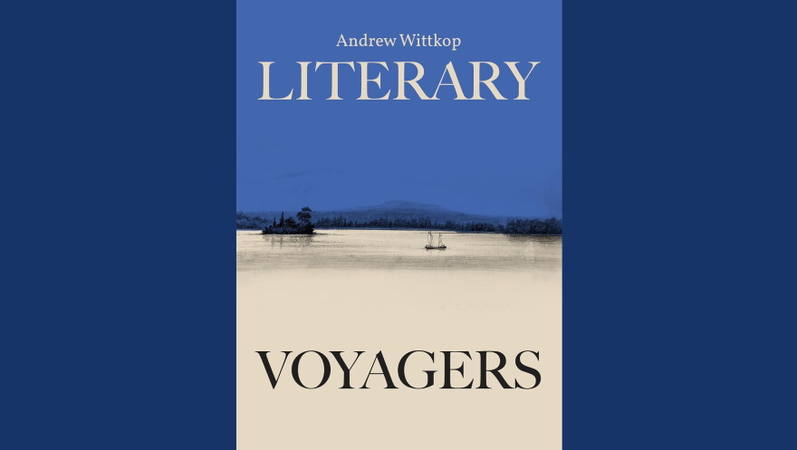 Cover of "Literary Votagers" by Andrew Wittkop; illustrated lake scene in blue and tan