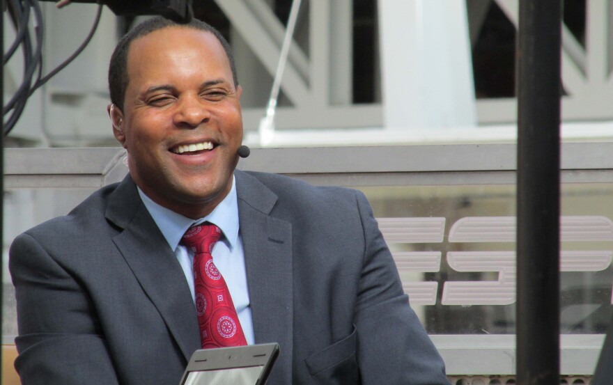 Barry Larkin broadcasting ESPN's pregame show from Crosley Terrace before the Reds 2014 Opening Day game.