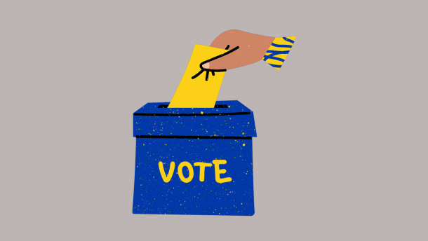 a blue ballot box and a hand casting their vote