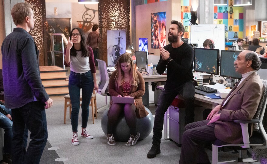 David Hornsby, Charlotte Nicdao, Jessie Ennis, Rob McElhenney and F. Murray Abraham in <em>Mythic Quest.</em>