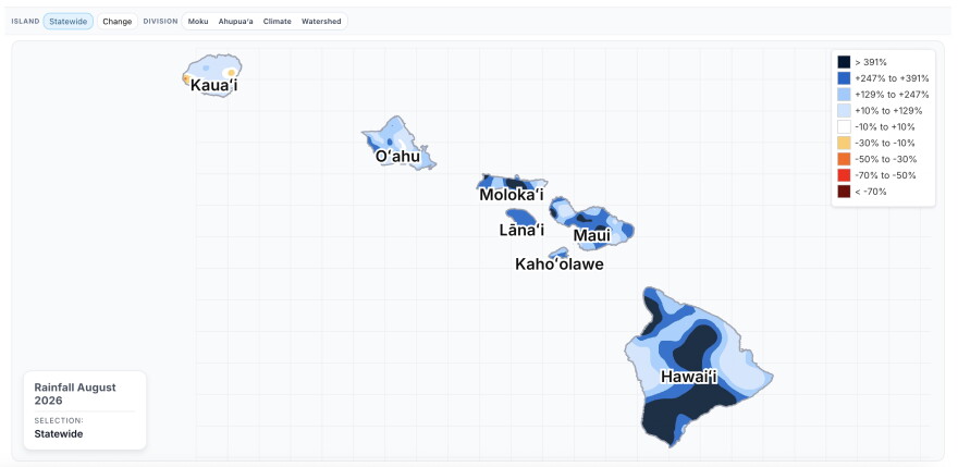 This graphic depicts rainfall totals above averages in Hawaiʻi in August 2026. Hawaiʻi Island received the most rainfall — more than 19 inches.