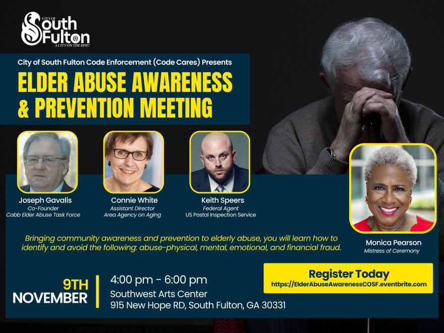 The City of South Fulton is hosting an Elder Abuse Awareness and Prevention Event on November 9th at 4PM at the Southwest Arts Center