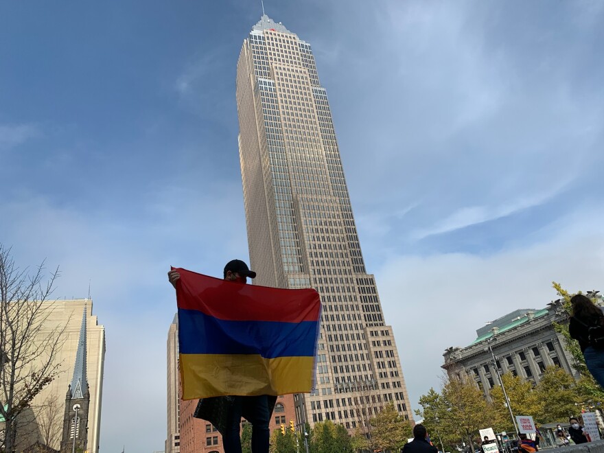 Members of Cleveland's Armenian community gathered in Downtown Cleveland's Public Square. [Gabriel Kramer / ideastream]