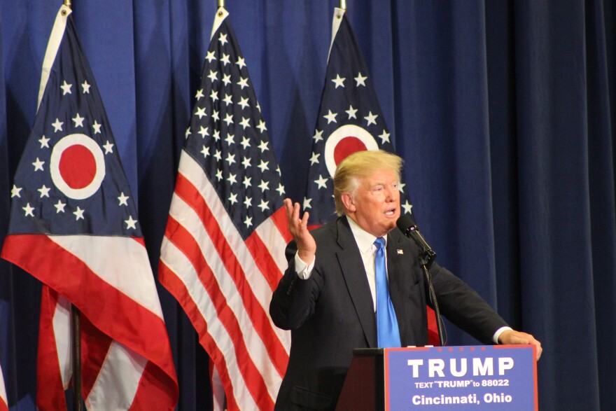 Presumptive Republican presidential nominee Donald Trump speaking to a crowd of several thouand in suburban Cincinnati.