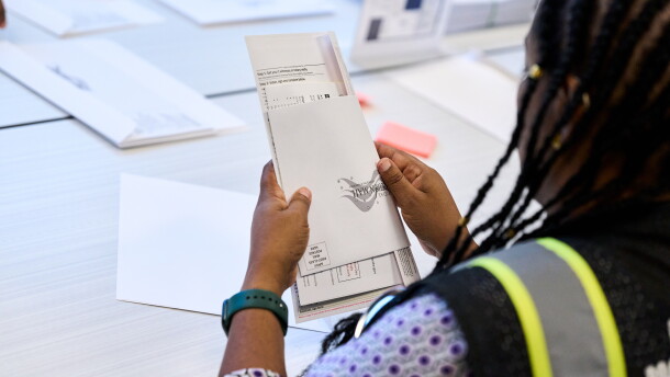 Wake County Board of Elections employees prepare absentee ballots to be mailed on Thursday, Sept. 3, 2026, in Raleigh, N.C. (AP Photo/Matt Ramey)