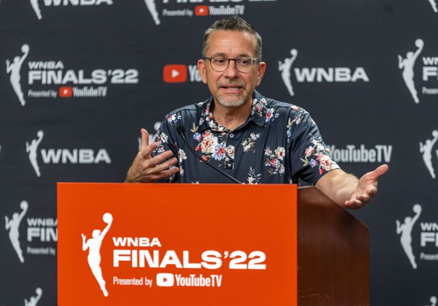 Connecticut Sun Head Coach Curt Miller speaks at a media day event prior to the 2022 WNBA Finals in Las Vegas, NV. Miller is reportedly leaving to take the vacant head coach job with the Los Angeles Sparks after spending seven seasons in the Nutmeg State.