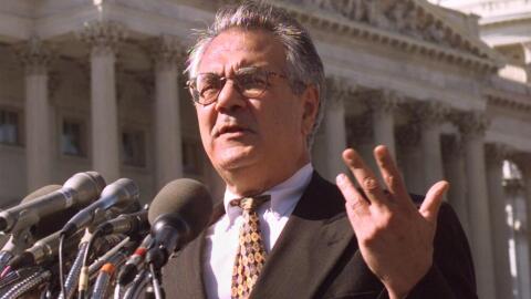 House Judiciary Committee member Rep. Barney Frank, D-Mass., gestures during a Capitol Hill news conference on Sept. 24, 1998. (Ron Edmonds/AP)