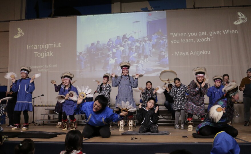 Dancers from the Imarrpigmiut group of Togiak on the Cama'i stage on March 27, 2026 in Bethel, Alaska.