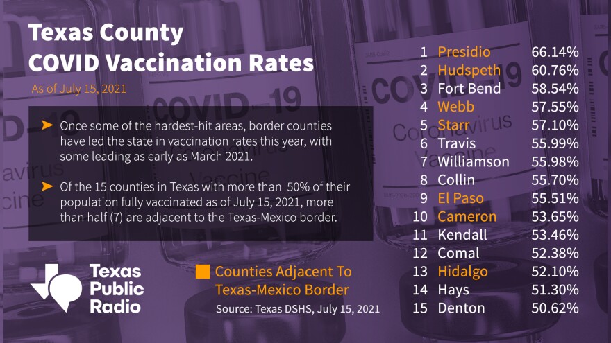 Counties in Texas with more than half of their populations fully vaccinated as of July 15, 2021.