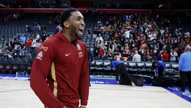 Cleveland Cavaliers guard Donovan Mitchell (45) celebrates as he leaves the court following a win over the Detroit Pistons in Game 7 in a second-round NBA basketball playoffs series Sunday, May 17, 2026, in Detroit.  