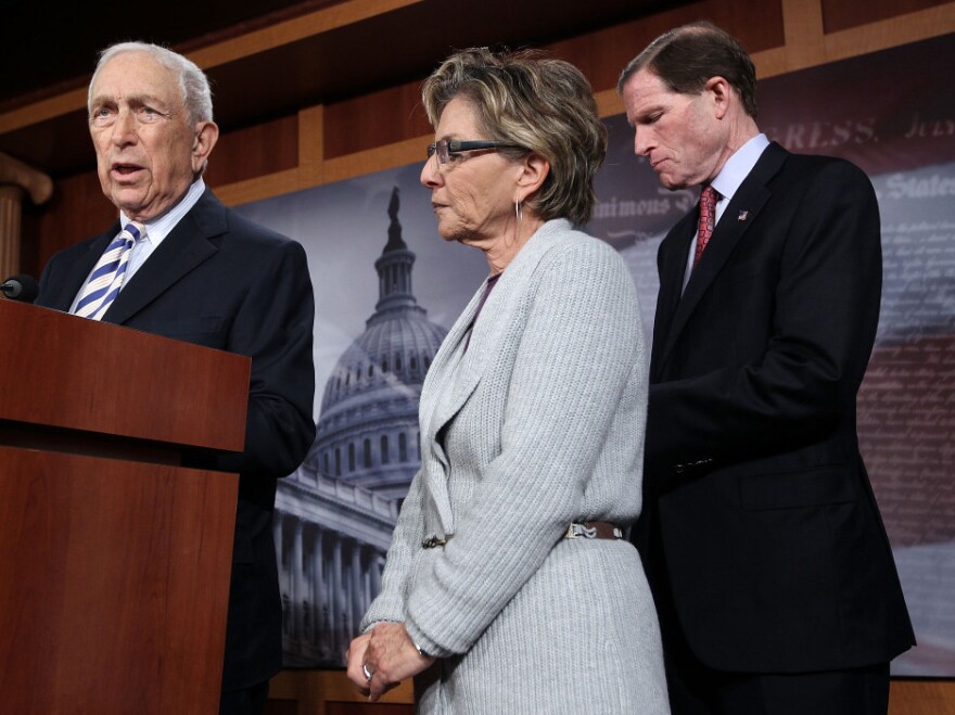 Sen. Frank Lautenberg, D-NJ, speaks as Sen. Blumenthal, D-Conn, and Sen. Boxer, D-Calif, during a news conference on  Feb. 8, 2012 in Washington, D.C. The news conference was to discuss the Obama administration's requiring employers to provide free contraceptive in their health coverage.