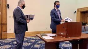Sens. Eric Bassler (R-Washington), left, and Ryan Mishler (R-Bremen), right, present the Senate Republican two-year state budget proposal.