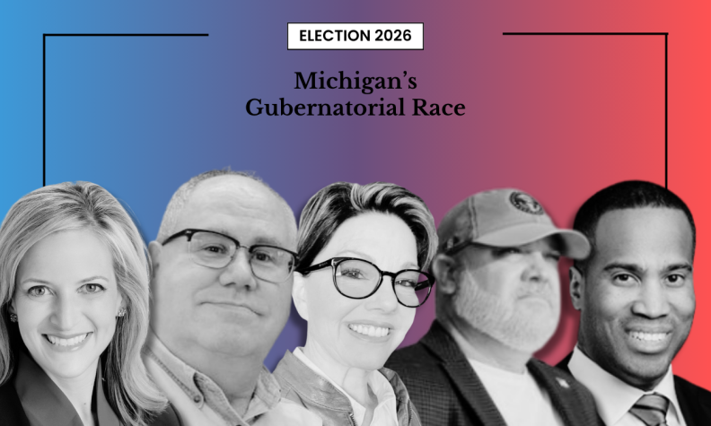 An “Election 2026” graphic headlined “Michigan’s Gubernatorial Race.” Five black-and-white candidate photos are arranged in a row: from left, a woman with long blonde hair smiling; a man with glasses; a woman with short dark hair and glasses smiling; an older man wearing a baseball cap with a beard; and a younger man in a suit and tie smiling.