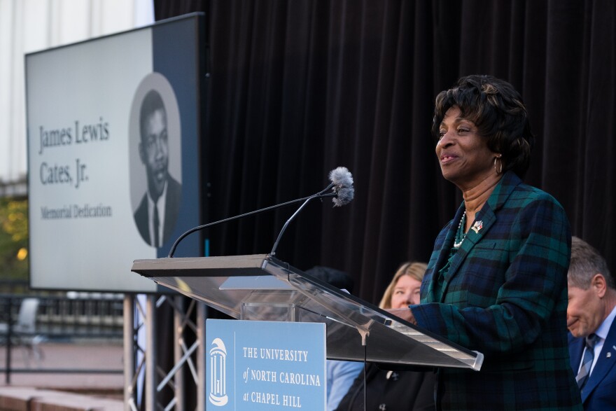 Newly elected U.S. Congresswoman, Valerie Foushee, a close relative of James Cates Jr., speaks at the memorial dedication for James Cates Jr. near the pit area of campus on Nov. 21, 2022.