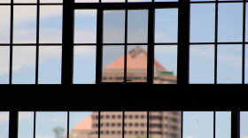 Downtown Albuquerque seen through the windows at the rail yards