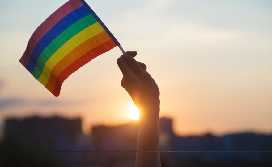 This stock image shows a person's hand holding a rainbow flag, which is known as a symbol of LGBTQ pride.