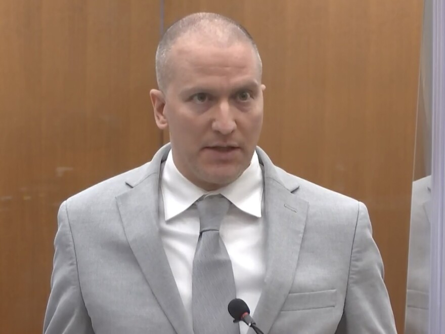 Former Minneapolis police officer Derek Chauvin addresses the court Friday at his sentencing hearing. He was sentenced to 22 1/2 years in prison for the murder of George Floyd. CREDIT: Court TV via AP/Pool