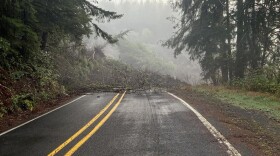 A two-lane road that is covered with debris from a landslide.