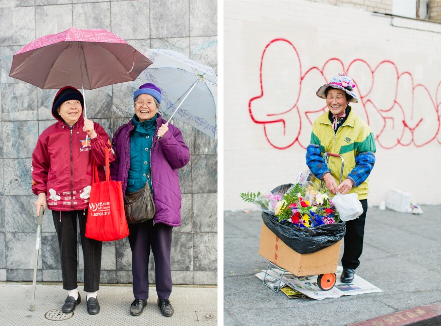 Left: Guo Yu Lan and Pon Fay — best friends who have known each other since elementary school — live in the same residential building in Oakland. Right: Mei Ha Wong, 75, sells flowers when she's not busy taking care of her dad. "My son buys the flowers wholesale and I arrange them," she said.