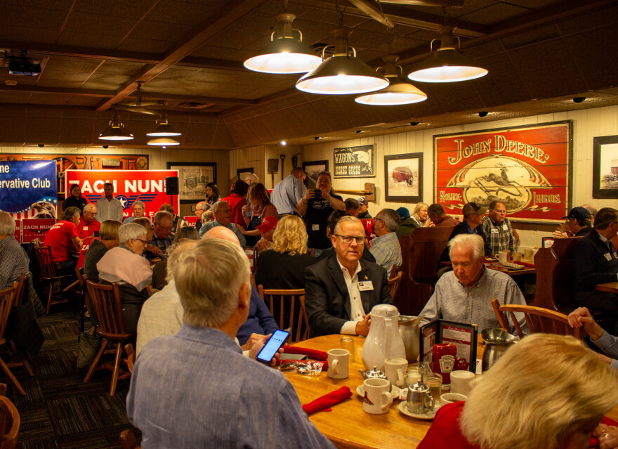Attendees gather for a meeting of the Westside Conservatives Club on Oct. 28, 2026 at the Machine Shed in Urbandale. U.S. Rep. Zach Nunn and House Speaker Mike Johnson addressed the crowd less than a week before Election Day.