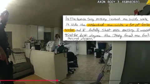Body camera video depicts former Sangamon County Sheriff’s Deputy Sean Grayson seconds before he shot and killed Sonya Massey in her kitchen. Within that image, Grayson’s hand-written note shows his description of the encounter.
