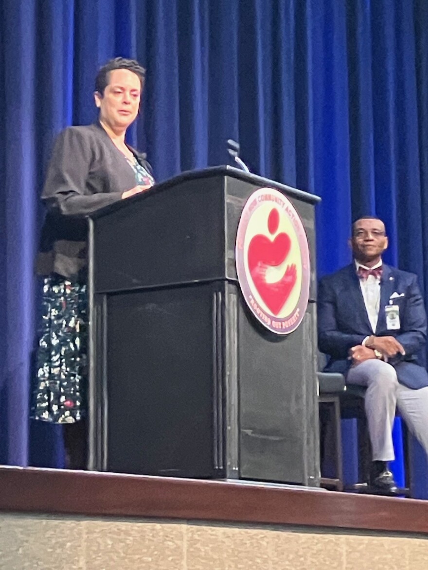 Christine Haley, chief homelessness officer for Illinois, speaks at the poverty conference Thursday, April 9, 2026 at Waterfront Convention Center, Bettendorf.