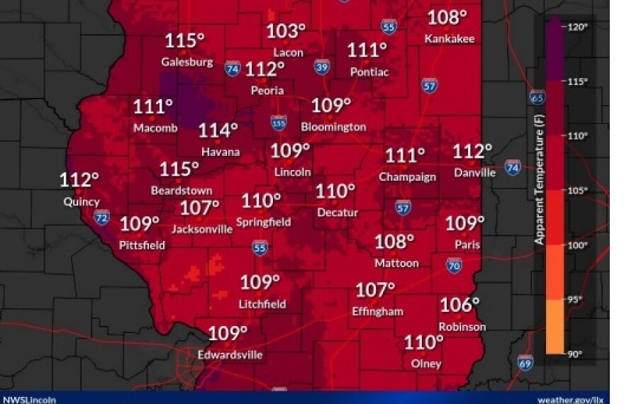 The heat index forecast for Tuesday. The high temperature is expected in the mid-90s.