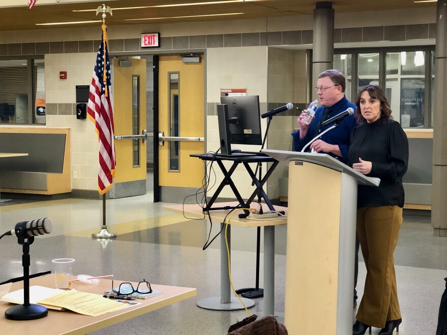 C-PP superintendent Michelle Caulfield and School Business Official, Paul Webster deliver the initial 2026-2027 budget proposal to school board members in March in the high school cafeteria.