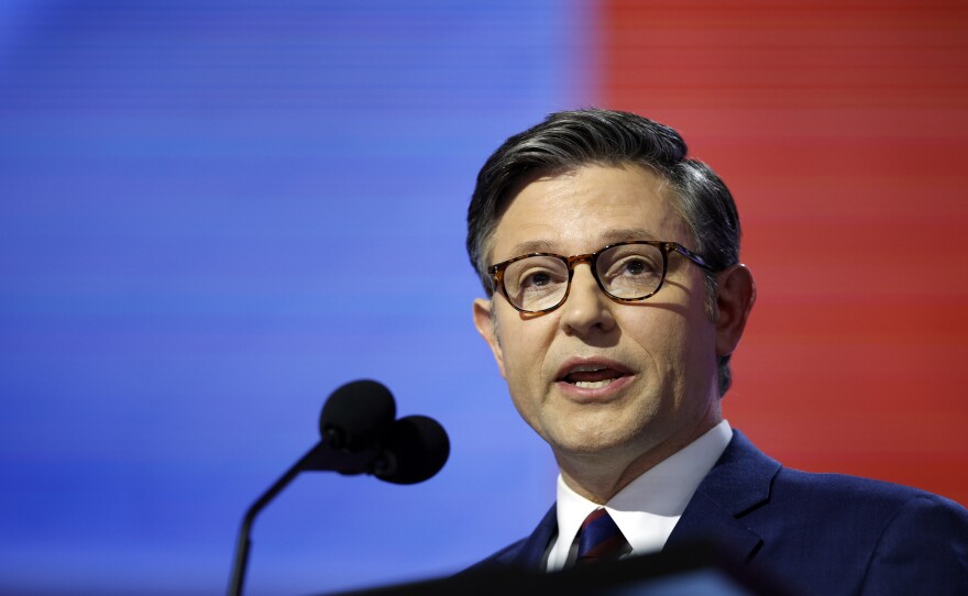 Speaker of the House Mike Johnson talks to the crowd during the session at the Fiserv Forum for the Republican National Convention in Milwaukee, Wis., Tuesday, July 17, 2024. (Ashleigh Lucas/WUFT News)
