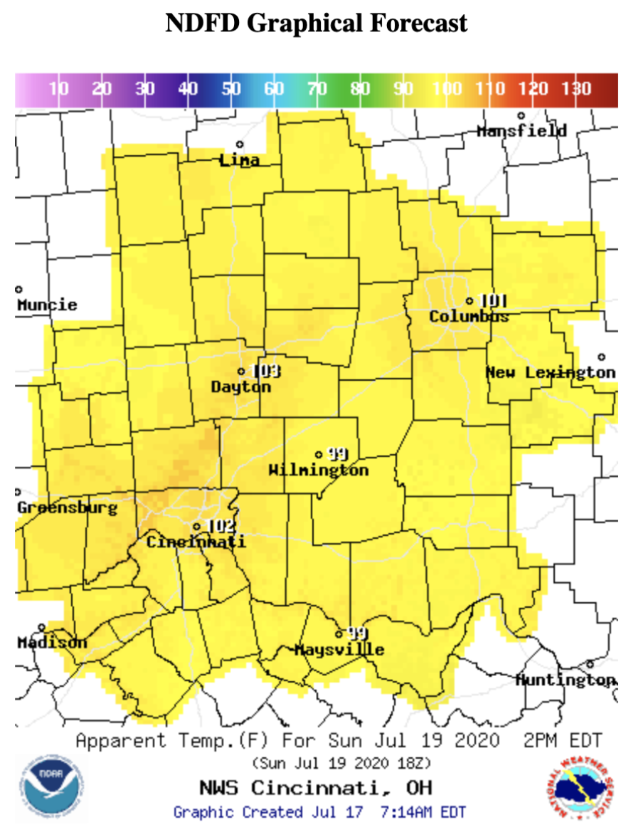 The projected heat index for Sunday in the Miami Valley.