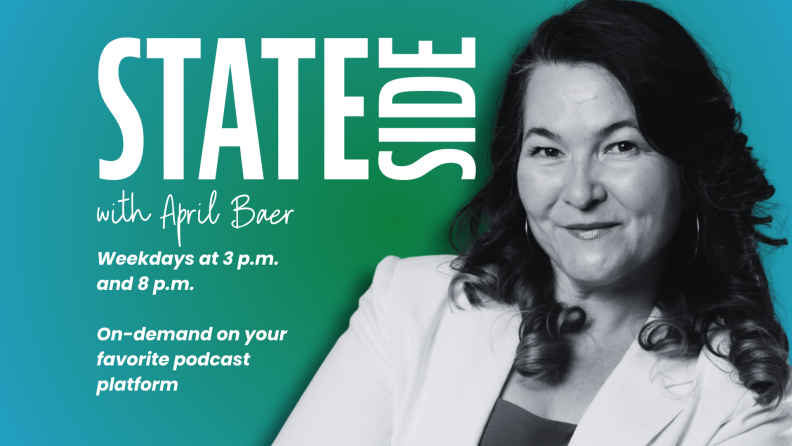 A black and white portrait of April Baer--a white woman with brown curly hair and a white blazer. The photo is against a green and blue ombre background. Text on the photo reads "Stateside with April Baer. Weekdays at 3pm and 8pm. On demand on your favorite podcast platform."