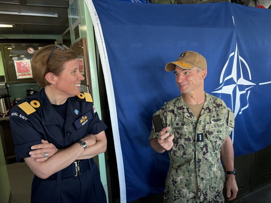 Commodore Maryla Ingham of the British Royal Navy and Adm. Doug Perry, head of both US 2nd Fleet and NATO Joint Forces Command Norfolk on the bridge of the German frigate FGS Sachsen.