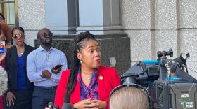  Monique Worrell speaks at a press conference at the Orange County Courthouse just hours after her suspension. <br/>