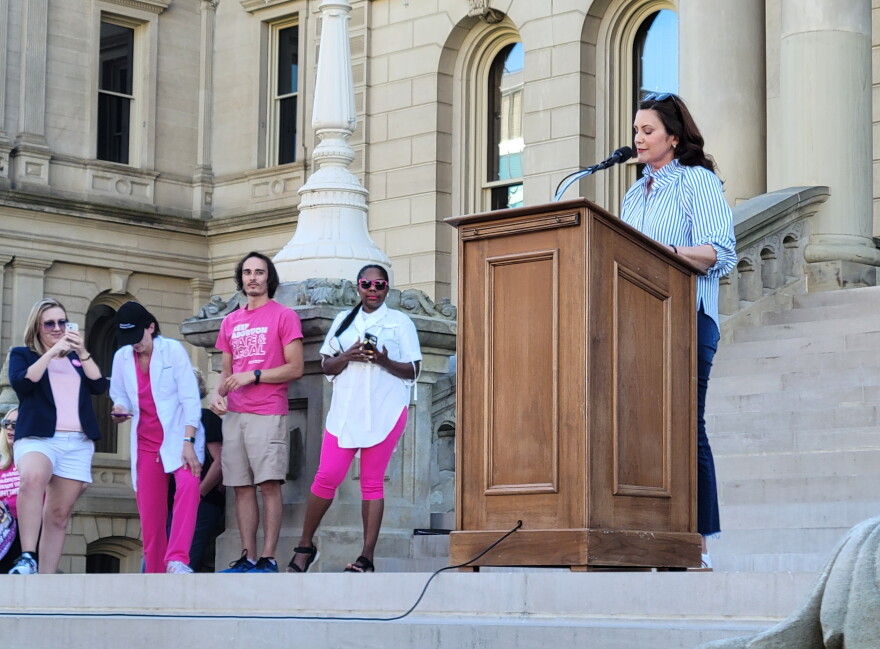  Michigan Governor Gretchen Whitmer speaks at an abortion rights rally in Lansing on Friday after the U.S. Supreme Court overturned Roe v. Wade and dismantled federal protections for abortion rights.