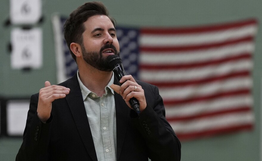 River Church Cincinnati pastor Cory Bowman, who is Vice President JD Vance's half brother and Cincinnati mayoral candidate, preaches during Easter worship service in the Hays Porter Elementary School gym Sunday, April 20, 2025, in Cincinnati.
