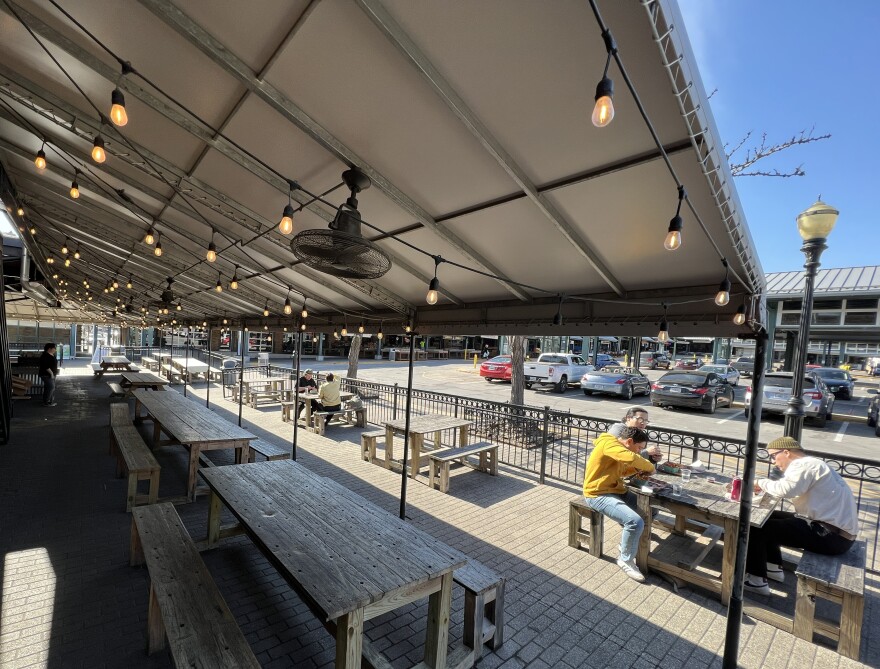 Pigwich in River Market accommodates its outdoor diners covered or uncovered depending on the weather.