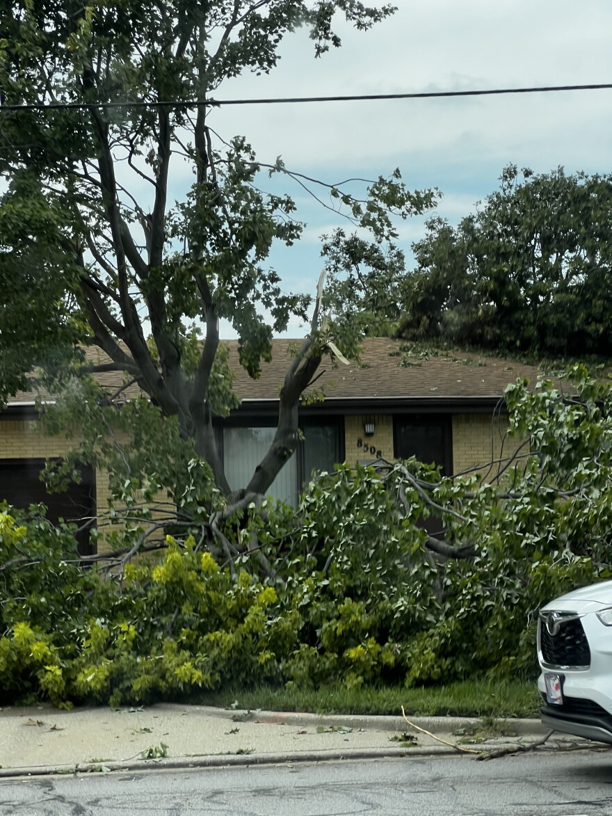 A Munster, Ind., home sits damaged in the aftermath of the severe storms that tore across Northwest Indiana on Aug. 11, 2026.