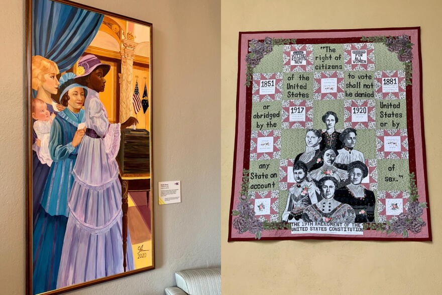 The piece on the left is "nINeteenth" by Decatur, Indiana, artist Shelby Nower. On the right is "Together" by Indianapolis artist Kassie Woodworth.